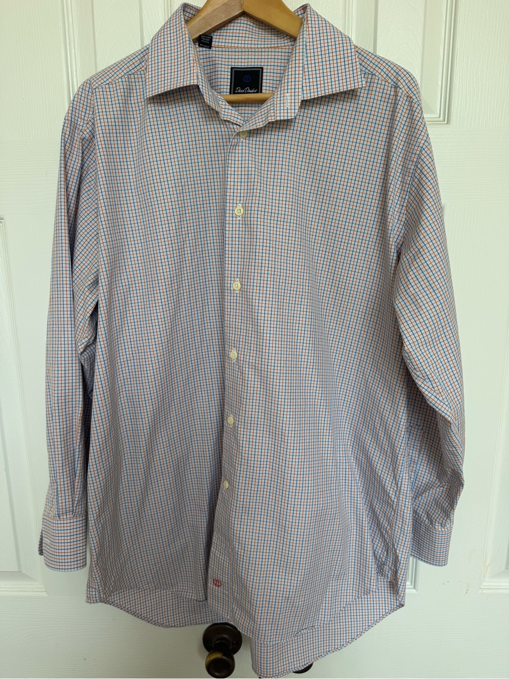 David Donahue Men's 17 32/33 Dress Shirt Blue Orange Plaid Check Cotton Regular
